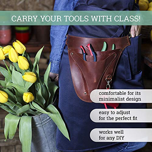 SKLKT Leather Florist Tool Belt Bag for Gardening Farmer Tools Holster Pouch Small Carpenter Electrician Organizer, Cognac, 13 1/4" W x 10" H, Tool Belt - Image 6