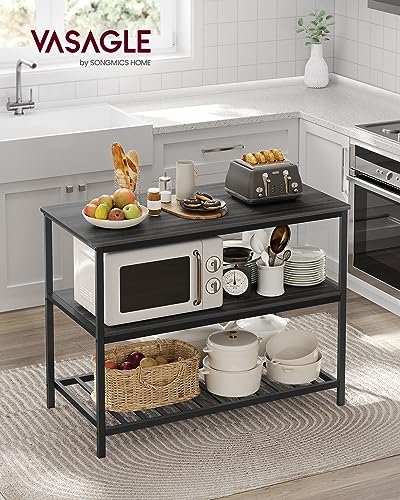 Image of VASAGLE Kitchen Island with 3 Shelves, 47.2 Inches Width Kitchen Shelf with Large Worktop, Stable Steel Structure, Industrial, Easy to Assemble, Ebonised Oak and Black UKKI001B42