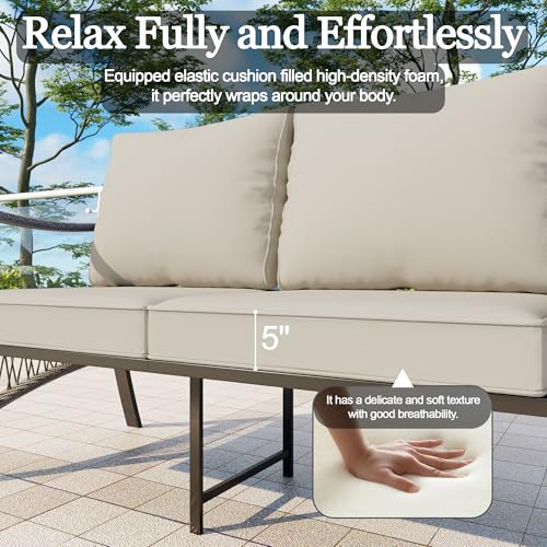 Image of 7 Pieces Patio Conversation Sets, All-Weather Metal Swivel Rocking Chairs with Rope Furniture Set, Outdoor Sofa Couch for Deck, Porch, Garden, Backyard, Poolside (Beige Cushions)