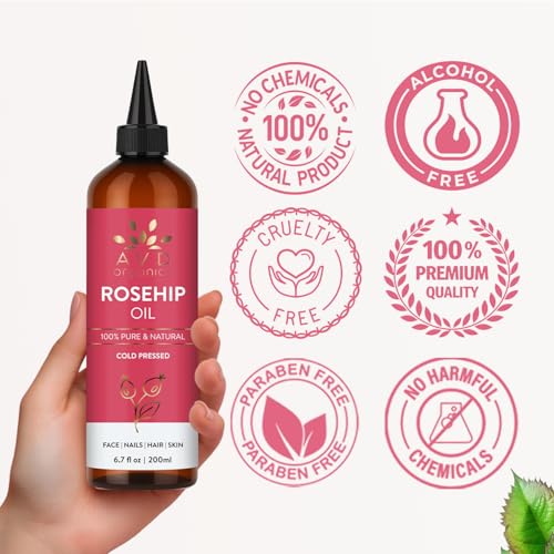 Image of AVD ORGANICS Rosehip Oil for Face 6.7 fl oz - 100% Pure & Natural Cold-Pressed | Rose hip Oil for Face, Skin, Hair, Scalp & Nails | 200 ML