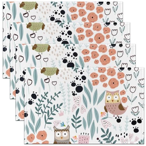 Homewish Lot de 4 Tapis de Table Enfant 45x30 cm Hibou Kawaii, Sets de Table Enfant Fille Hibou de Dessin Animé, Tapis de Table Imprimé Cœur Fleur, Sets de...