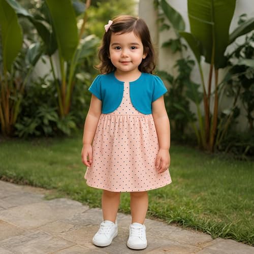 Image of Kidbea Baby Girls' Floral A-Line Frock with Shrug | Cotton Casual Wear, Printed Dress for Infant Kids (Peach, 6-12 Months)