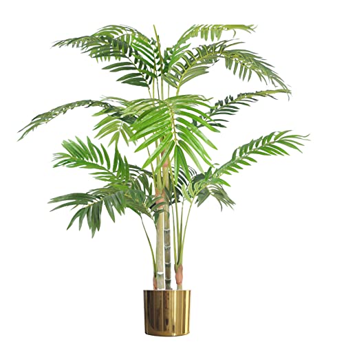 Leaf 120cm (4ft) Realistic Artificial Areca Palm with Pot with Gold Metal Planter, Green, 120 cm