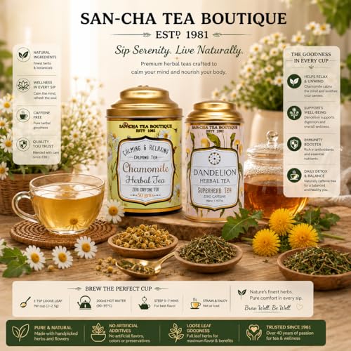 Image of Sancha Tea Boutique, Combo Pack: Chamomile (50g) & Dandelion (50g), Caffeine-Free Herbal Tisanes, Calming Floral & Roasted Infusions