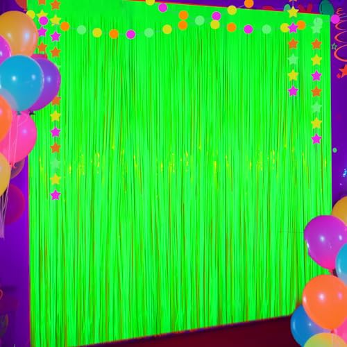 Image of Glow in The Dark Party Supplies, 4 Packs Neon Party Decorations, Macaron Green Blacklight Reactive Fluorescent Tinsel Foil Fringe Curtains, Luminous Backdrop Streamers for Birthday, Photo Booth Prop