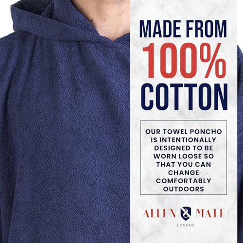 Image of ALLEN & MATE 100% Cotton Hooded Surf Poncho Changing Robe - Quick Absorbent Changing Towel with Pocket for Surfing Men Women