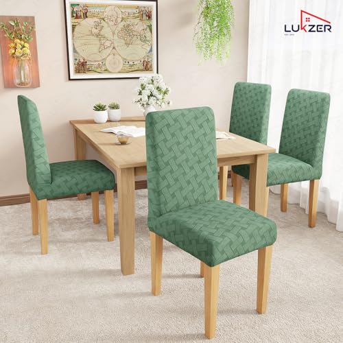 Image of Lukzer Elastic Dining Chair Cover - 4PC Pastel Green Basket Weave | Textured High Stretch Jacquard Seat Cover | Removable Washable Short Dining Chair Cover Protector Seat Slipcover | (CC-114-04)