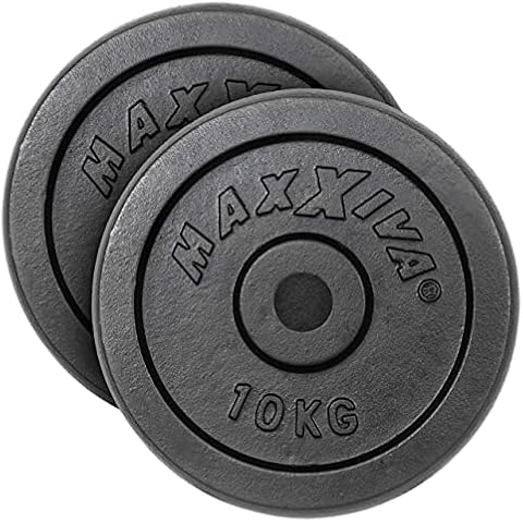 MAXXIVA Hantelscheiben 2er Set Gewichtsplatte je 10 kg 100% Gusseisen schwarz 20 kg Fitness Krafttraining Bodybuilding Workout Gewichtheben Reha Cover
