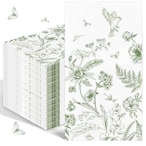 100PCS Green Floral Napkins Disposable Hand Towels for Bathroom 3 Ply Greenery Paper Napkins Vintage Bird Flower Guest Napkins Chinoiserie Napkins for Wedding Bridal Shower Cocktail Party