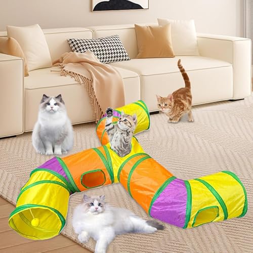 Image of GUSTYLE Cat Tunnel Toy Way, Collapsible Pet Play Tunnel Tube with Storage Bag for Cats, Puppy, Rabbits, Guinea Pig, Indoor and Outdoor Use (Rainbow T-Shaped)