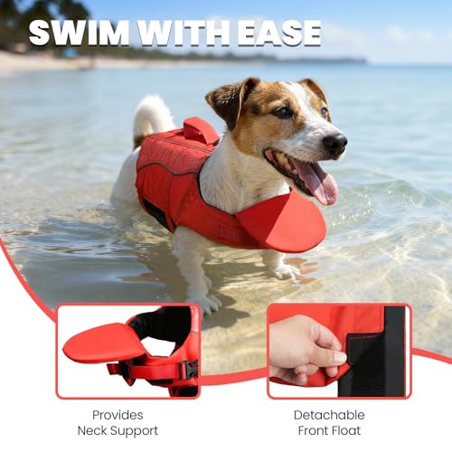 Image of VIVAGLORY Dog Life Vest Front Float Dog Swim Vest, XS, Red | Life Jacket with Chin Float & Handle for Swimming & Boating, High Visibility Adjustable for Doggy Cat Puppy