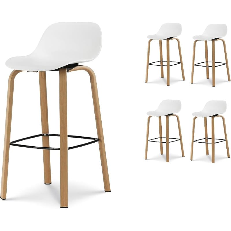 Kosmi Set di 4 sgabelli da bar bianchi in stile scandinavo con gambe effetto legno in metallo, altezza 66 cm