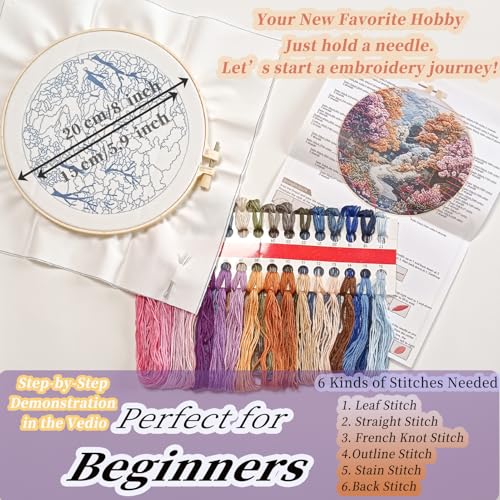 Image of FONNUY Embroidery Kit for Beginners, Boho Nature Landscape Pre-Stamped Pattern Kits for Adults with Hoop, Easy to Follow Color Thread Needlework, 8'' Hoop (Late Spring)