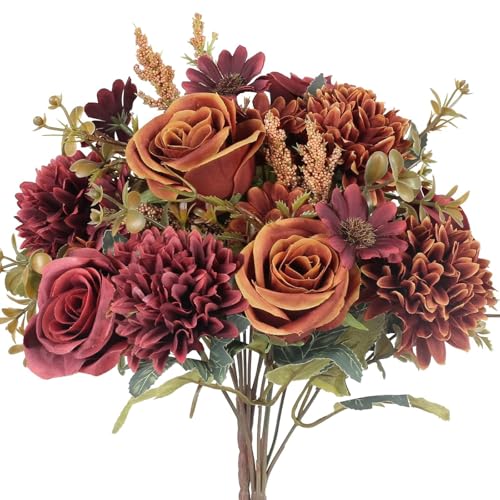 GTIDEA 2 Bundles Artificial Fall Flowers 2 Colors Fake Roses Silk Bouquets with Hydrangea Autumn Faux Flowers Arrangements for Home Fall Wedding Table Centerpieces Party Decor (Orange+Red)