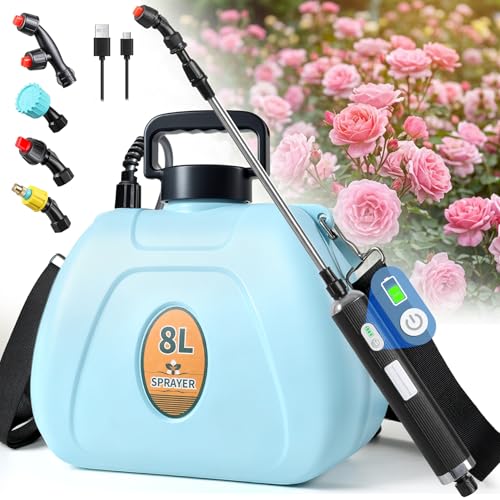 PASAMIC 2 Gallon Battery Powered Sprayer, Rechargeable Electric Sprayer with 2 Speeds & 4 Nozzles, Battery Indicator, Retractable Wand, Adjustable Straps & Storage Bag for Lawn Garden