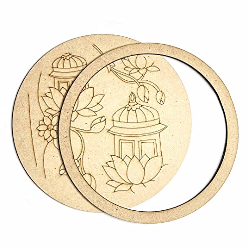 Image of Adikala Temple & Lotus MDF Engraved Design Wall Plate Base with Frame Cutout for DIY Craft
