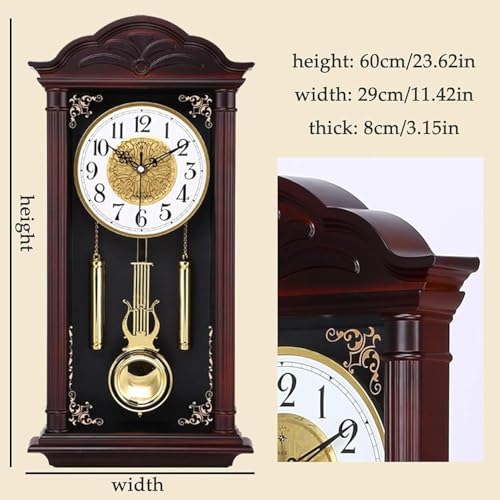 Reloj de pared de madera con timbre y péndulo oscilante, reloj silencioso tradicional con diseño clásico