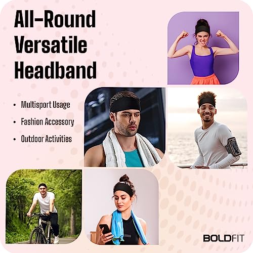 Image of Boldfit Premium Strapless Sports Sweat Head Band for Gym, Runnig, Tennis, Badminton & Other Sports for Men & Women, Unisex Wearability with Non-Slip & Quick Drying for Long Hair, Black, Pack of 3