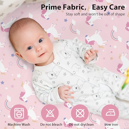 Image of Baby Bedside Bassinet Sheets Fitted Girl, 33 inchx20 inch Compatible with Baby Delight Dream On Me & Most Rectangle Bedside Sleeper Bassinet Mattresses, Super Soft Microfiber Pink Purple Rainbow
