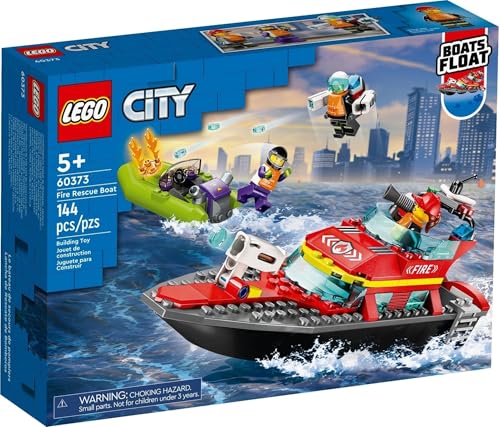 LEGO City 60373 Le Bateau de Sauvetage des Pompiers, Jouet Flottant, Jetpack et Minifigurines