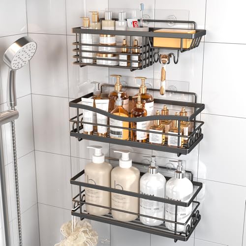 Image of Youvip Shower Caddy, 3 Pack Large Capacity Bathroom Organizers and Storage, No Drilling Adhesive Rustproof Shelves with Soap Holder, Home Decor, Black