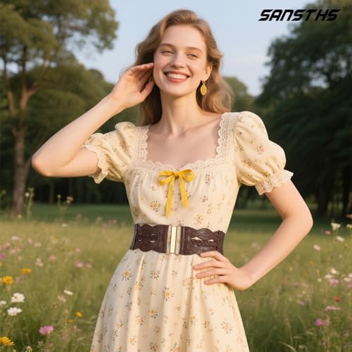 SANSTHS Vintage Stretchy Belt for Women, Womens Wide Elastic Belts for Dresses Coats, Fashion Womens Belts with Gold Buckle