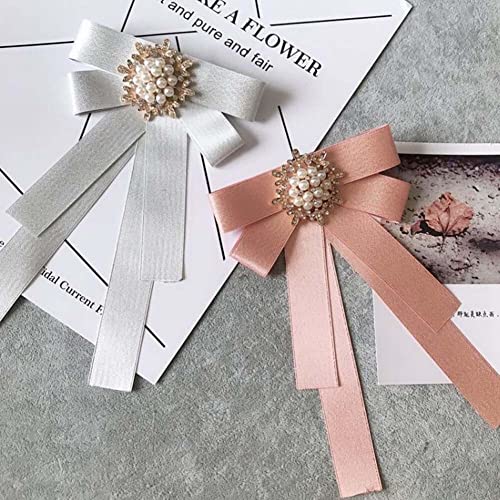 Image of Women Elegant Pearl Ribbon Bow tie Brooches Pin Jewelry Pre-Tied Collar Neck Tie Clip for Lady Girls Wedding Party
