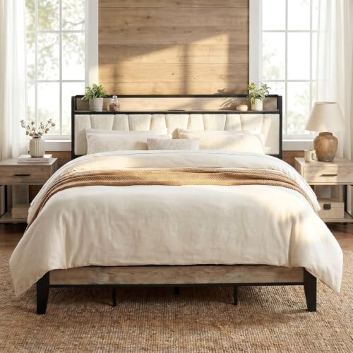 Image of LIKIMIO King Size Bed Frames, Boucle Storage Headboard with Charging Station, Solid and Stable, Noise Free, No Box Spring Needed, Easy Assembly