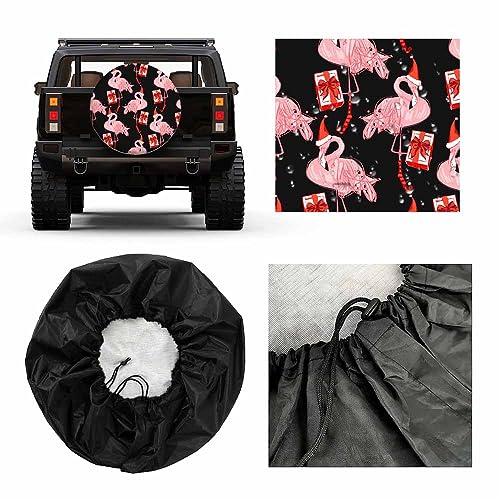 Image of New Year Flamingo Spare Tire Cover Christmas Tropical Pattern with Present and Santa Hat Weatherproof Universal Wheel Protectors Camper Tire Covers for Trailer Rv Travel(17 inch)