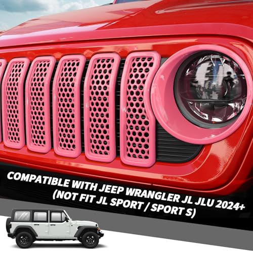 Image of 9PCS Headlight Cover & Front Grill Mesh Inserts Compatible with Jeep Wrangler JL JLU 2024+, NOT FIT JL Sport /Sport S (Pink)