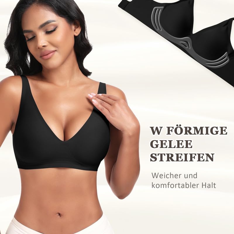 Jiuday Tiefer V Push Up BH Damen ohne Bügel Bequemer Jelly BH für Große Brüste Starker Halt Seamless Soft Bra Bügelloser Gepolstert Glatter Nahtloser Bralette