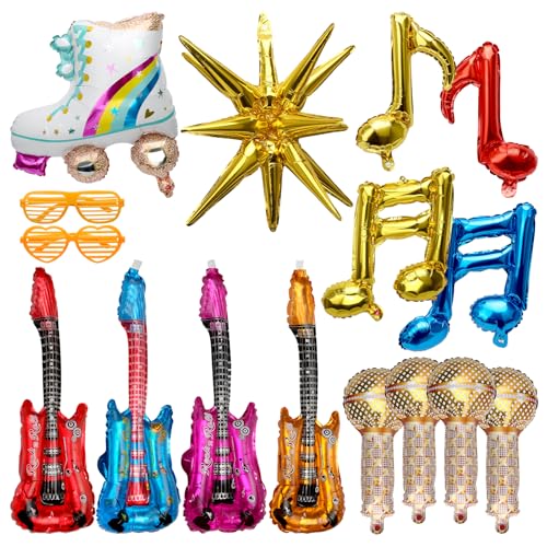 Lot de 16 accessoires de fête sur le thème musical, guitare et microphone gonflables, décorations de fête musicale rock roll des années 90 pour discothèque, anniversaire, carnaval, soirée