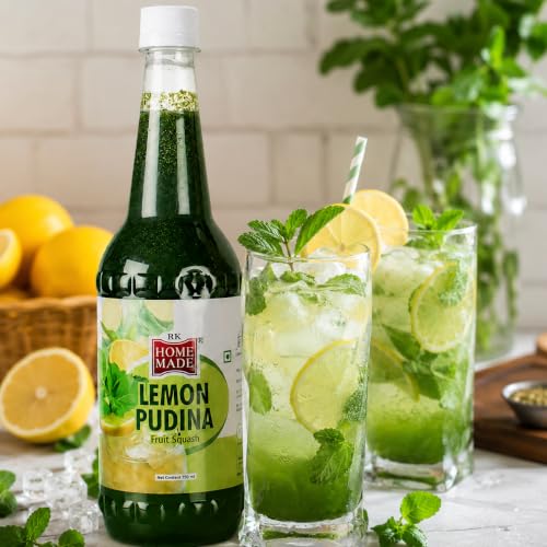 Image of RK Home Made Lemon Pudina Syrup 750ml | Premium Lemon Mint Squash | Gluten Free, 100% Vegan & Low Fat Lemon Pudina Drink Concentrate | Refreshing Fruit Squash for Water, Soda, Mocktails, Cocktails, Shakes & Summer Beverages | Beverage Mix