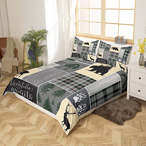 Farmhouse Cabin Duvet Cover, Rustic Bear Deer Comforter Cover Queen Size Woodland Country Patchwork Bedding Set For Kids Teens Adult Women, Grid Claw Wildlife Bed Set With 2 Pillow Cases, Grey Green #TOP2