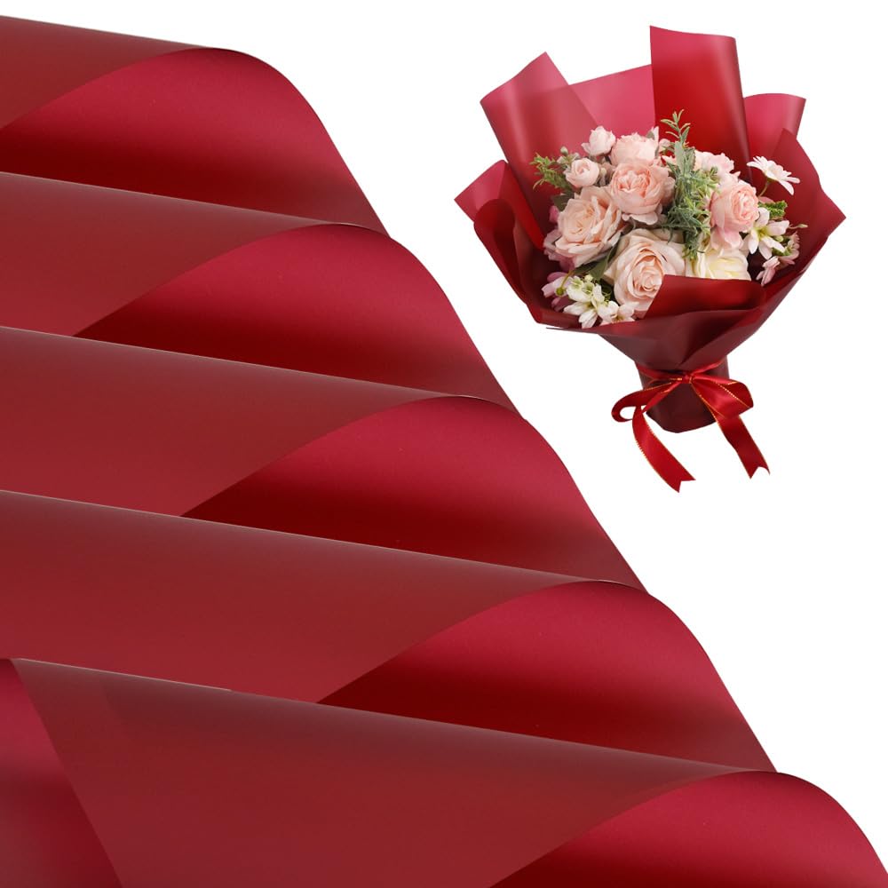 BEISHIDA 20 PCS Wine Red Floral Wrapping Paper-Matte Waterproof Flower Wrapping Paper Bouquet for Florist Supplies, DIY Crafts, Gift Packaging,