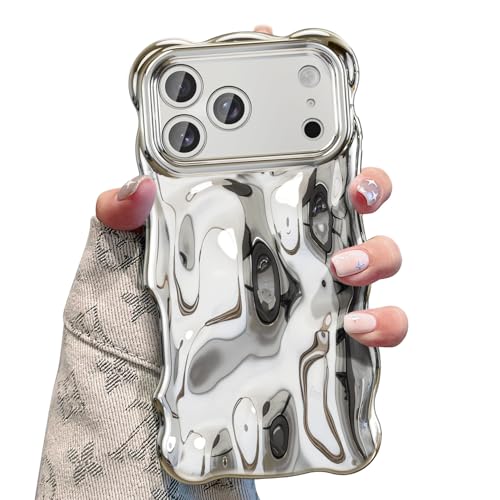 UEEBAI Ripple Case for iPhone 17 Pro, Cute Silver Cover Wave Shape for iPhone Case Pretty Aesthetic 3D Phone Cover, Water Ripple Shell 3D Chrome Design for Women and Girl, Silver