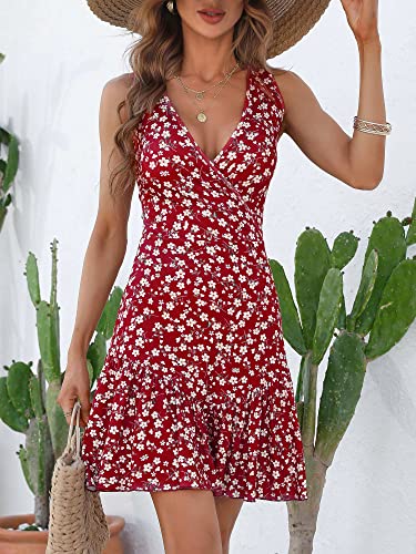 FENSACE Women's Summer Sleeveless Sexy Wrap V Neck Floral Sundress Mini Dress - Image 5
