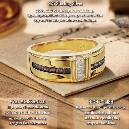 D-Color VVS1 Gold Moissanite Mens Wedding Band 925 Sterling Silver Engagement Ring for Him Pave Princess Size 9-123