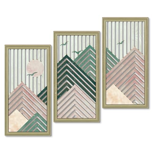 Putuo Decor Boho Mountain Wall Decor Set of 3, Rustic Farmhouse Wooden Wall Art, Nature-Inspired Geometric Artwork, Mid-Century Modern Aesthetic for Living Room Bedroom Entryway, Pink