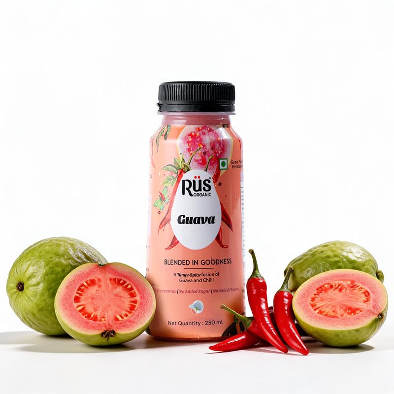 Image of Rus Organic Guava Juice | Cold-Pressed & Natural | No Added Sugar or Preservatives | Rich in Antioxidants | Refreshing Guava Fruit Drink | Pack of 8 (250ml Each) | Travel Juice | Real Guava
