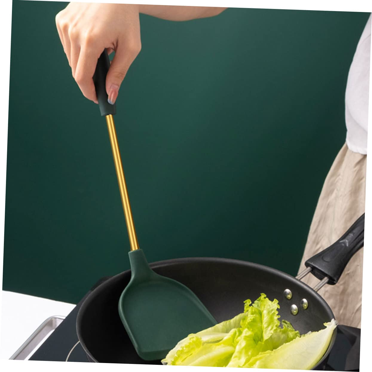 Juego de Utensilios de Cocina 4 Piezas de Acero Inoxidable y Silicona Verde