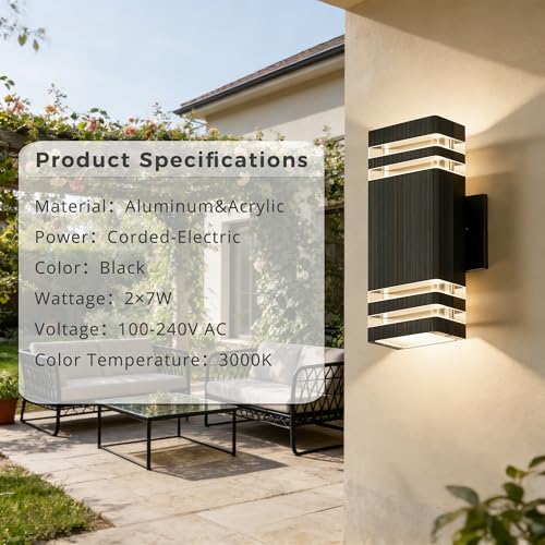 Image of JYV Square Outdoor Wall Lights, Up and Down Outdoor Lighting, Black | Aluminum Exterior Lighting Fixtures Wall Mount with 2x7W 3000K Bulbs, Waterproof Outdoor Lights for House Porch Patio Garage