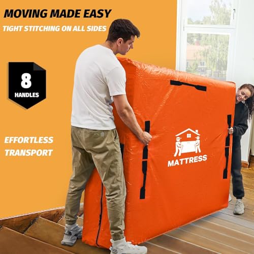 Image of Mattress Bags for Moving, BETU Mattress Protector Waterproof Mattress Cover Queen Size Storage Bags with 8 Heavy-Duty Handles and Zipper for Bed Extra Thick Large Reusable (82 inchx62 inchx15 inch Orange)