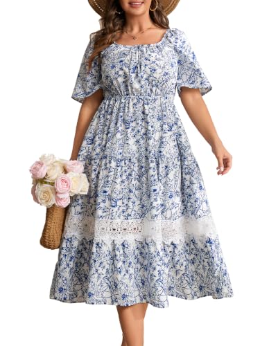 Image of RWJ Women's Plus Size Maxi Dress Short Sleeve Square Neck Flowy A-Line Lace Trim Flutter Party Casual Off Shoulder Dresses