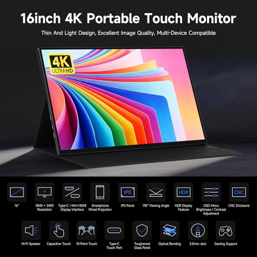 Image of waveshare Luckfox 16inch 4K Portable Touch Monitor with Magnetic Protective Case, 3840 x 2400 Resolution, HDR 120Hz Refresh Rate, IPS Panel, Optical Bonding, 10-Point Touch