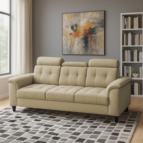 Image of Casaliving Ella 3 Seater Sofa Set for Living Room (Cream Colour Fabric) Premium Fabric Sofa