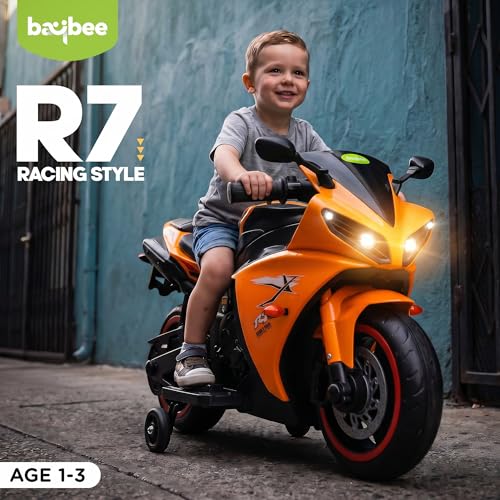 Image of Baybee R7 Baby Electric Bike for Kids with Foot Acceleration | Rechargeable Ride on Baby Bike with LED Lights & Music | Toddler Battery Operated Bike for Kids to Drive 1 to 3 Years Boys Girls (Orange)