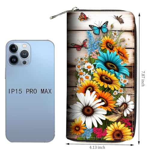 Wallet,Large Capacity RFID Blocking Leather Wallet, Durable Smooth Zipper Clutch,Unisex Travel Wallet for Cards,Cash,and Coins - Butterfly Sunflower Flower4