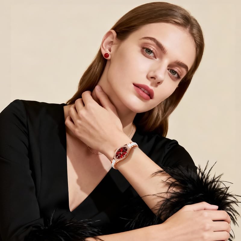 Image of OLEVS Women's Quartz Watches - Elegant Oval Diamond Dress Watch with Ceramic Band, 30M Waterproof Ladies Wrist Watch for Dress & Casual Wear (Rose Gold Blue /Red /Purple /White)