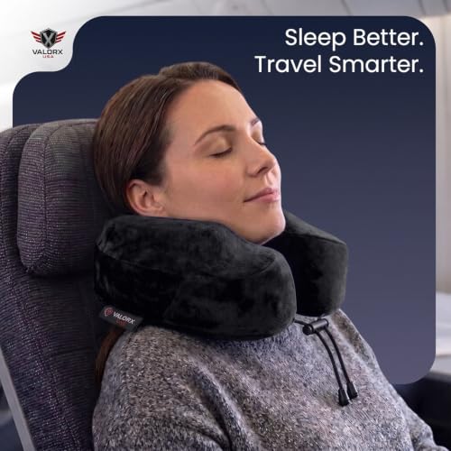 Image of Premium Memory Foam Neck Pillow by ValorX USA for Travelling 360 Neck Support with Ultra-Soft Lightweight Velvet Cover & Free Travel Pouch, Black